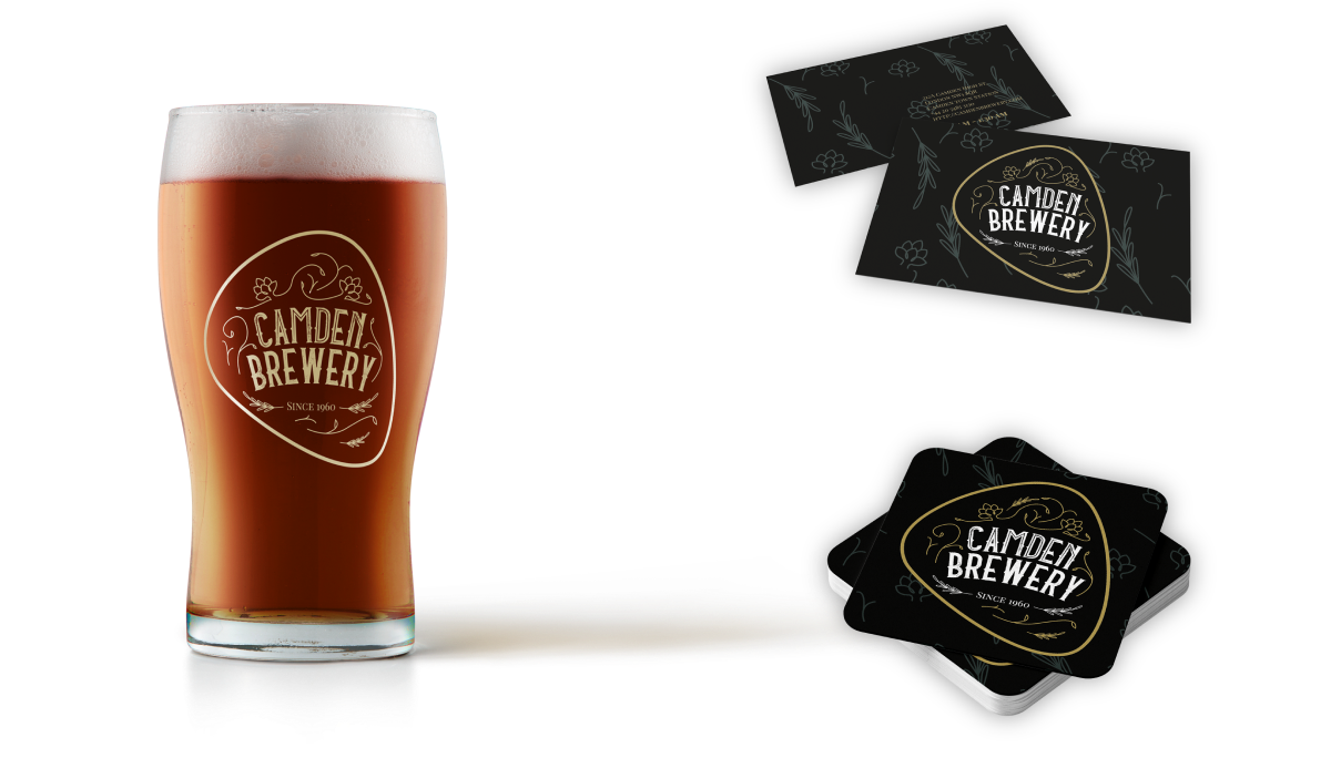 Mockups verre, carte de visite et sous-bock Camden Brewery