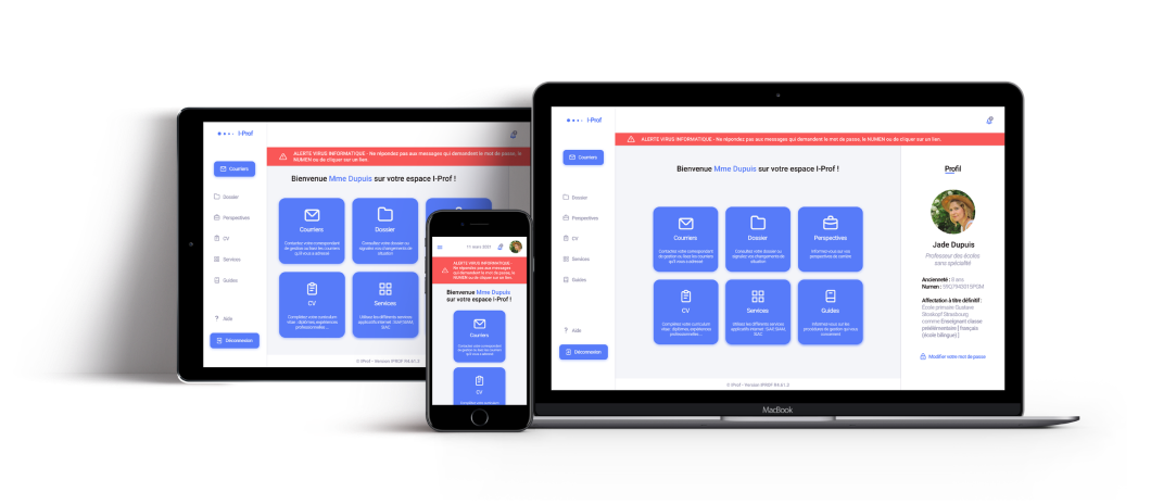 Mockups de l'accueil de l'interface I-Prof sur desktop, tablette et mobile