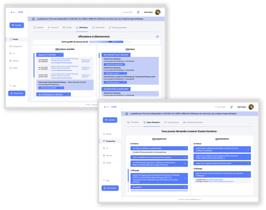 Visuels de 2 pages de l'interface I-Prof