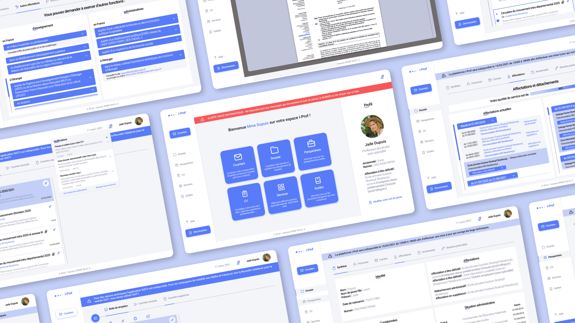 Mockup des différentes pages de l’interface I-Prof